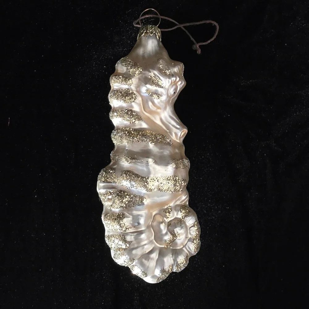 Vintage Germany Mercury Glass Seahorse Christmas Ornament Gold Glitter Champagne